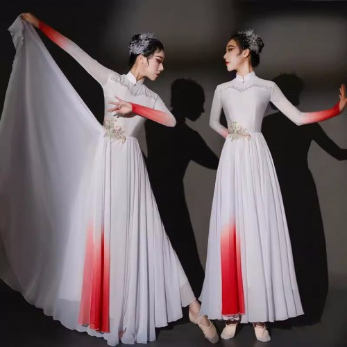Women chinese folk Classical dance costumes white hanfu fairy dress for girls female adult traditional fan umbrella dance dress flowing opening dance skirts for woman